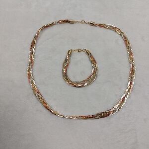 GOLD TONED TRI COLOR GOLD COPPER SILVER BRAIDED SERPENTINE NECKLACE BRACELET SET